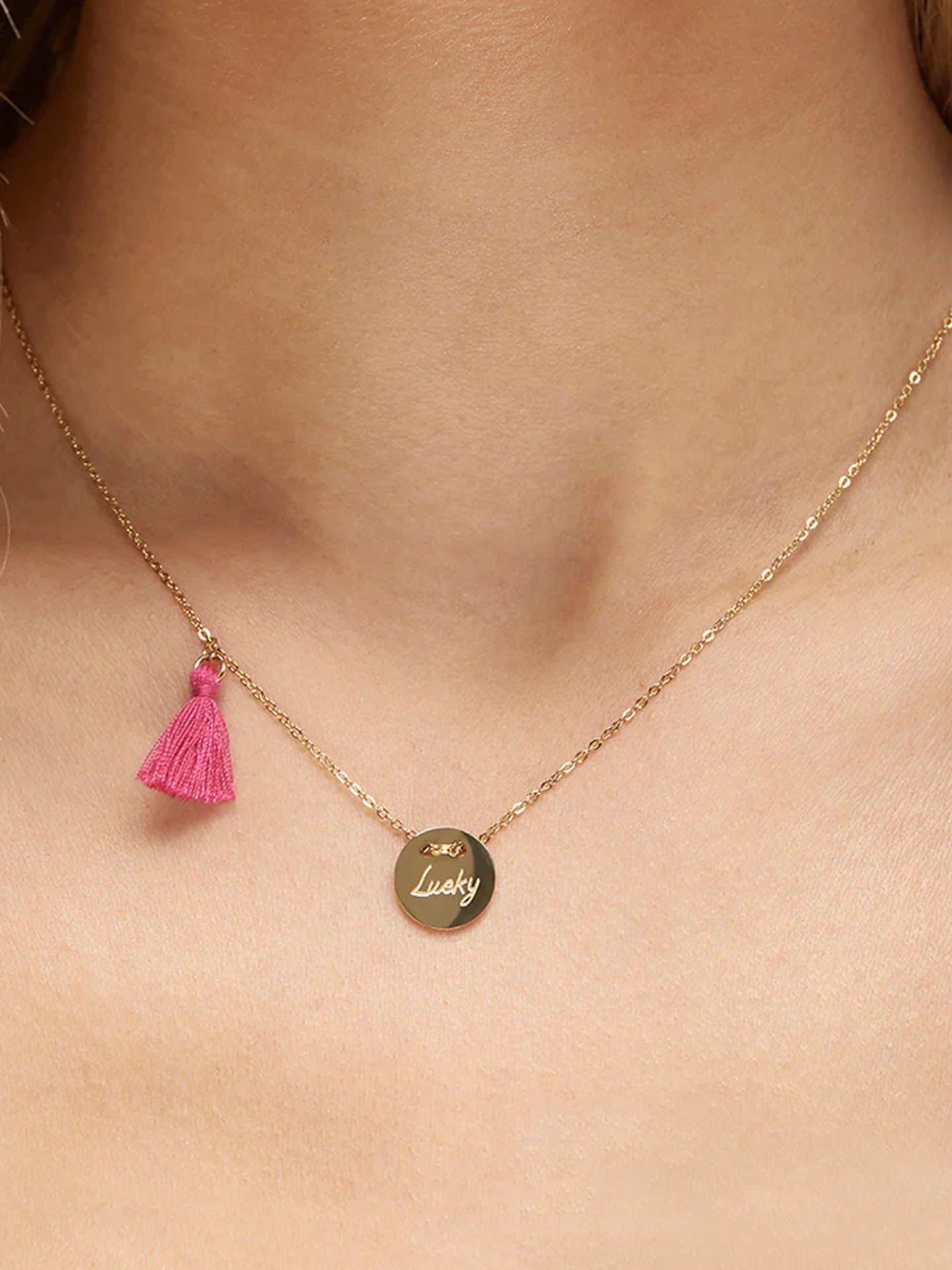 Lucky Circle Pendant Necklace with Pink Tassel