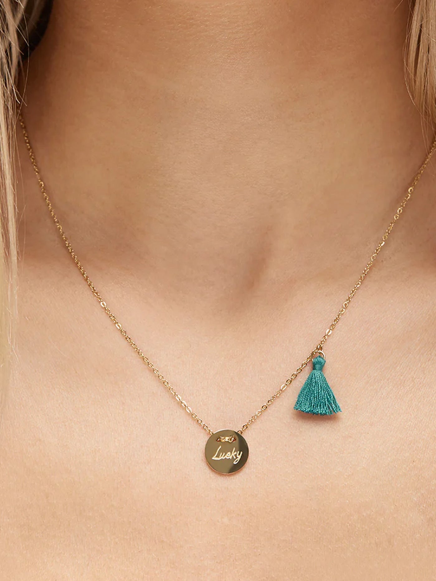 Lucky Circle Pendant Necklace with Blue Tassel