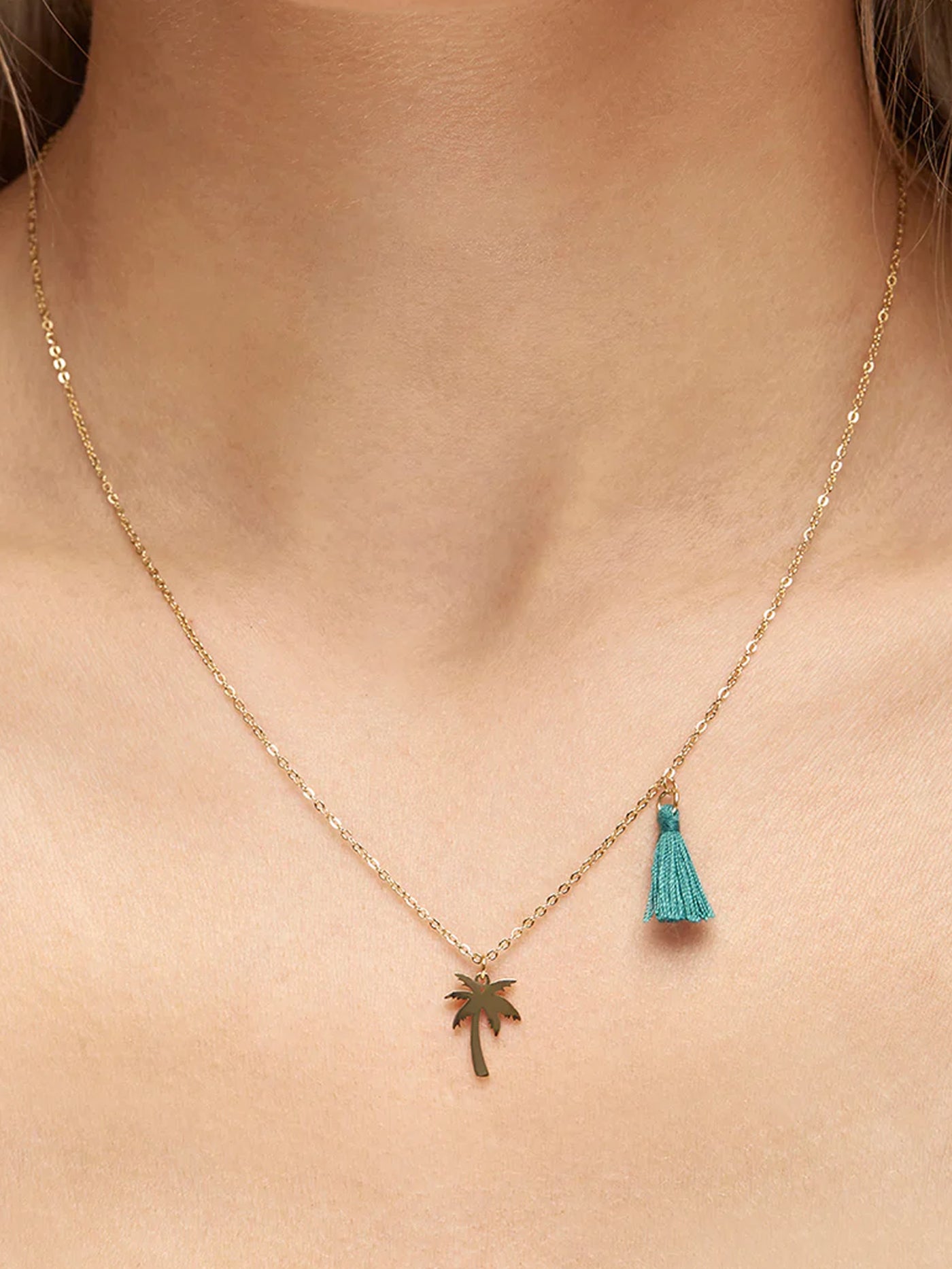 Palm Tree Pendant Necklace w Blue Tassel