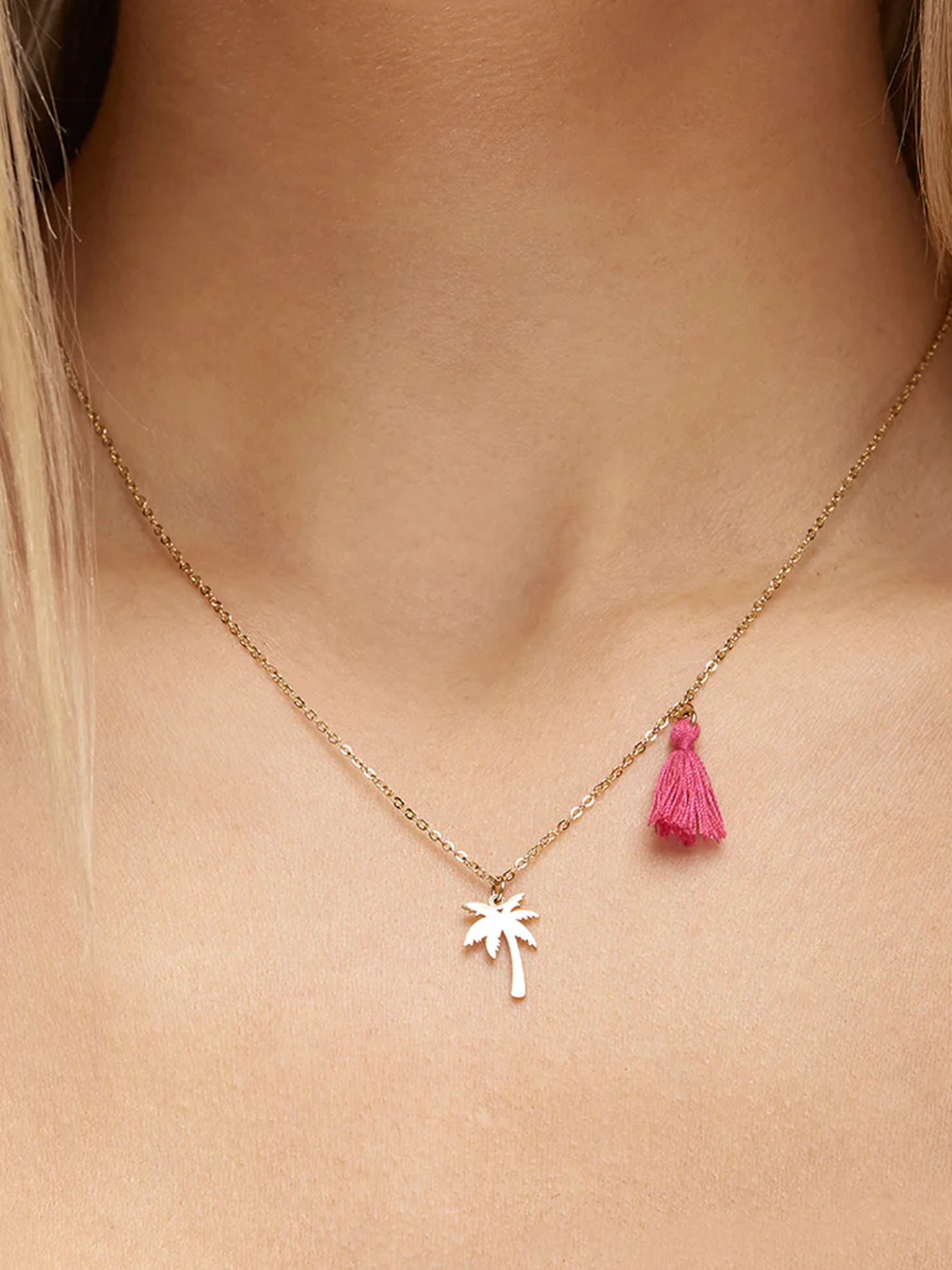 Palm Tree Pendant Necklace with Pink Tassel