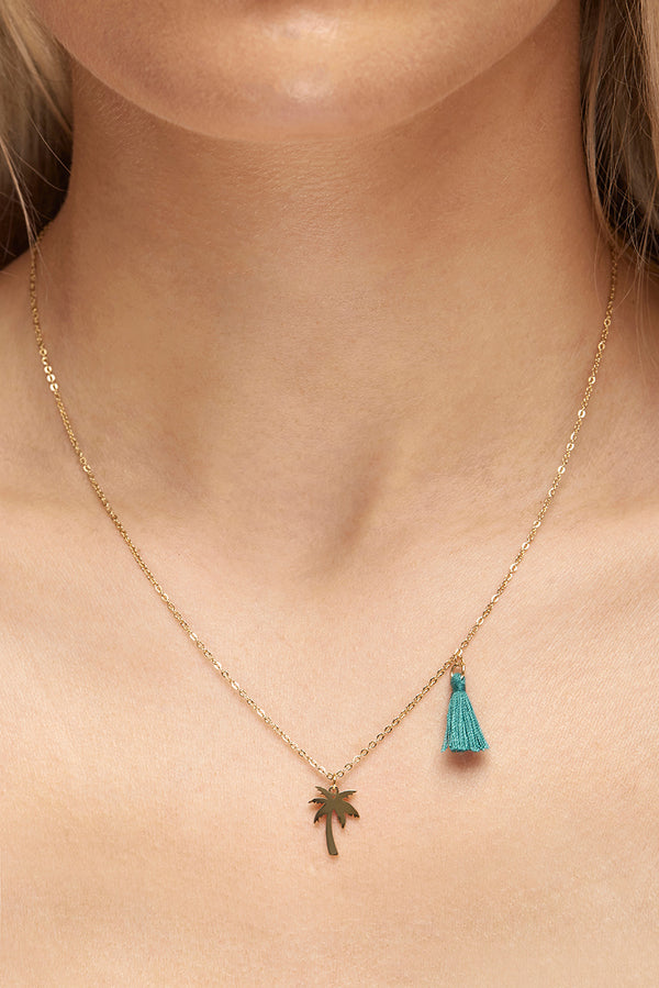 Palm Tree Pendant Necklace w Blue Tassel