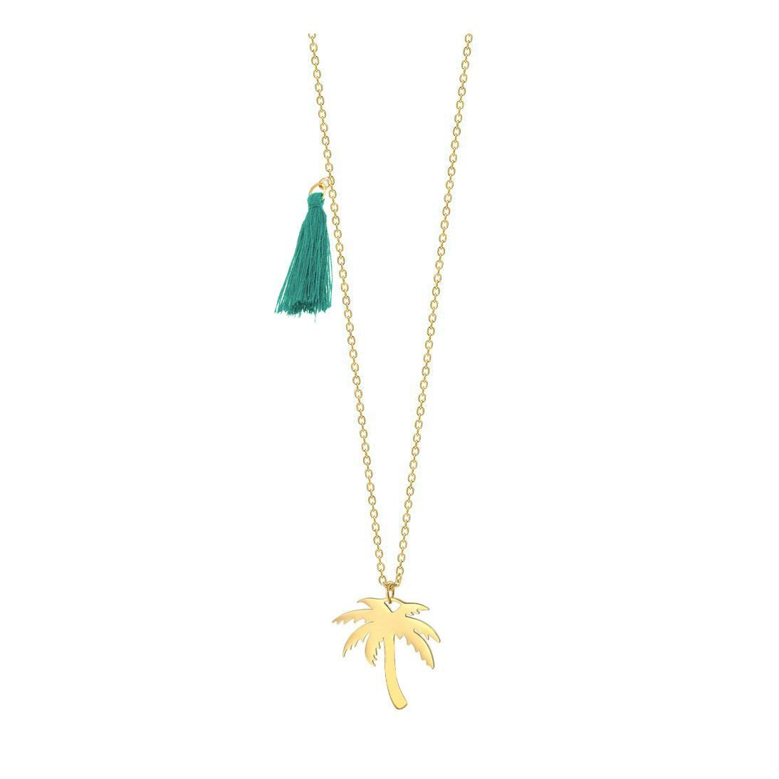 Palm Tree Pendant Necklace w Blue Tassel