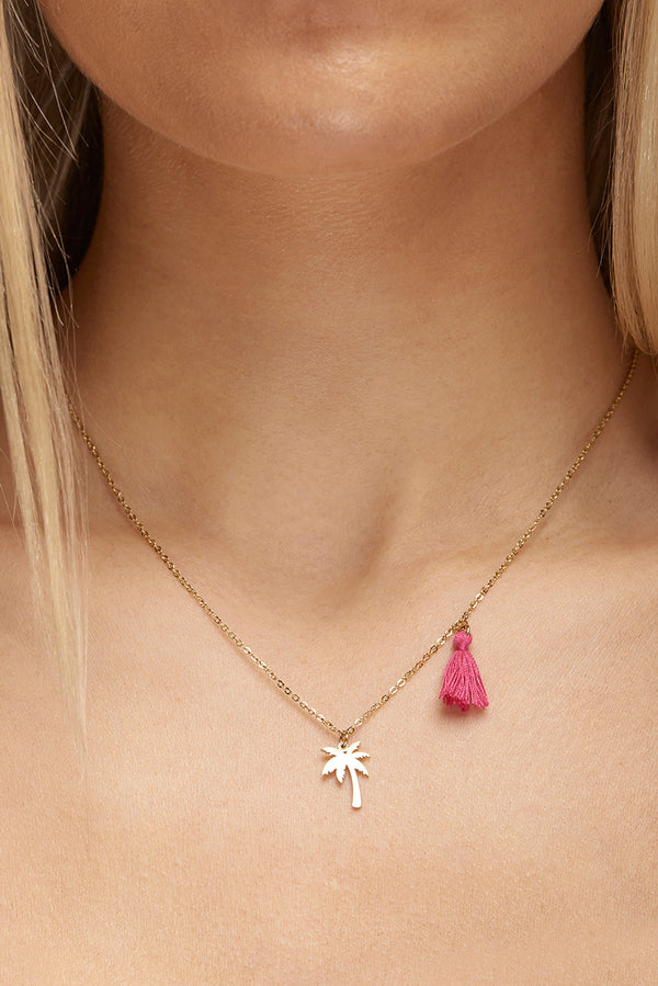 Palm Tree Pendant Necklace with Pink Tassel