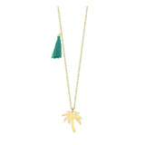 Palm Tree Pendant Necklace w Blue Tassel